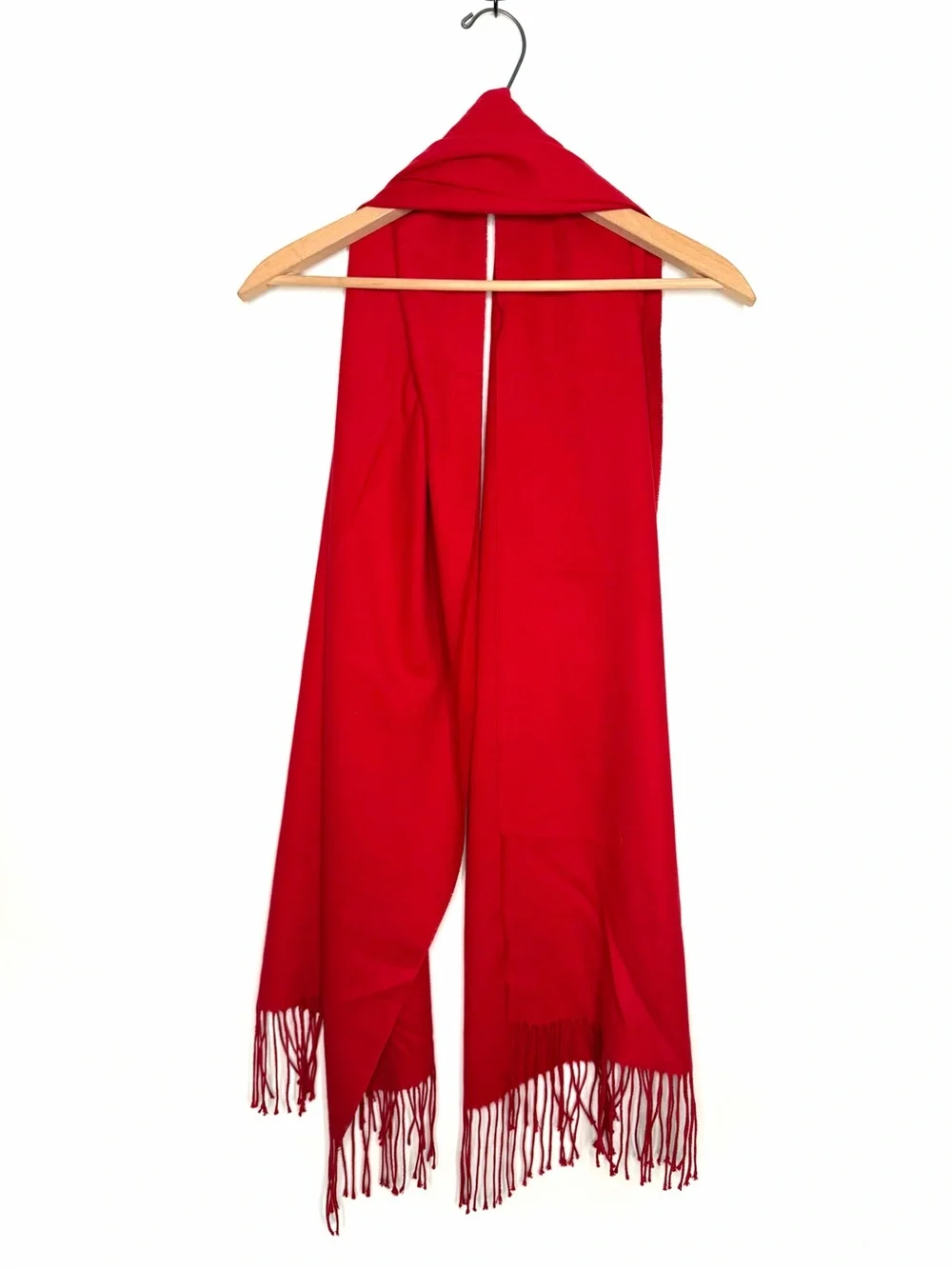 Amicale Silk Fine Knit Scarf Fringe Trim Classic Red